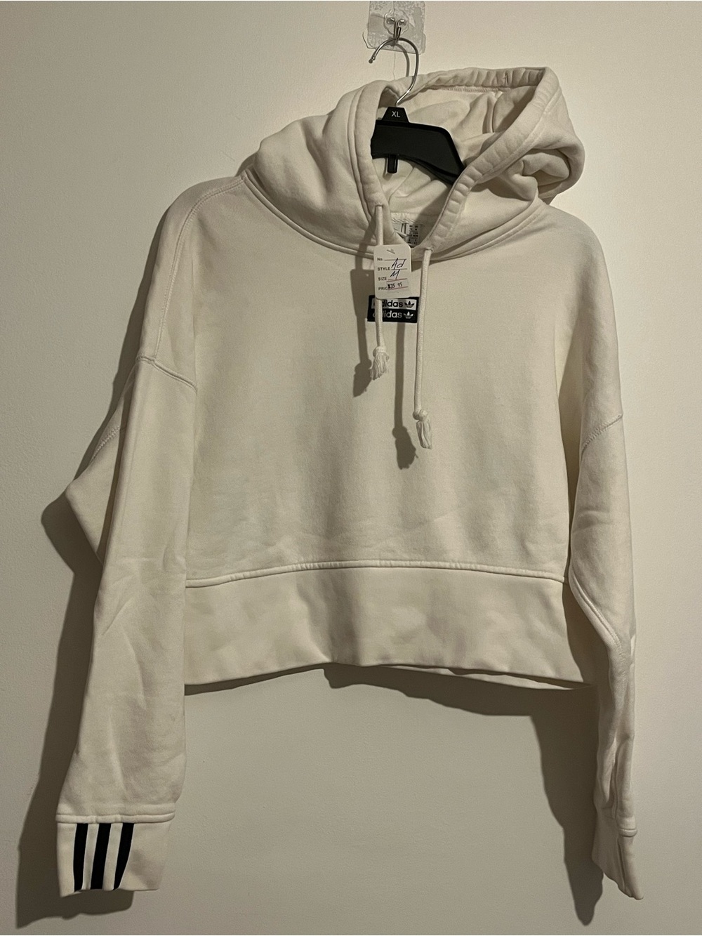 adidas Cream Cropped Hoodie with Stripe Cuff